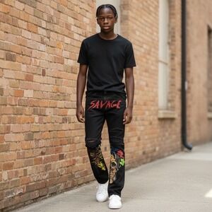 Black Pike Embroidered Patchwork Graffiti Straight Leg Streetwear Jeans Sz 36/32